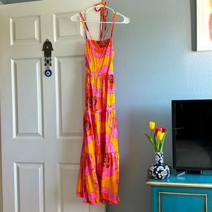 Gap Linen Blend Tie Back Tiered Maxi Dress Orange Pink Mod Pockets. Size XS